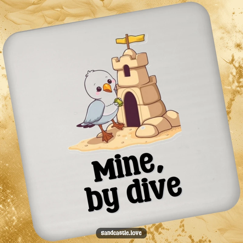 Funny seagull coaster, a mischievous bird stealing a shiny object from a sandcastle, humorous table accessory.