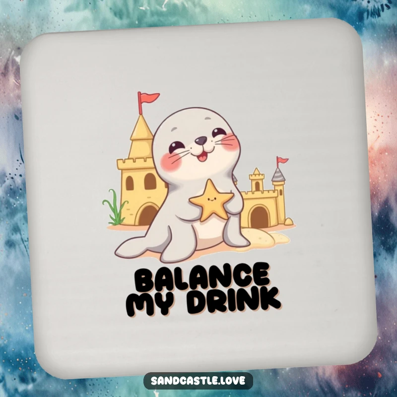 Funny drink coasters featuring a playful seal character balancing a starfish on its nose near a sandcastle, protecting furniture with charming circus art.