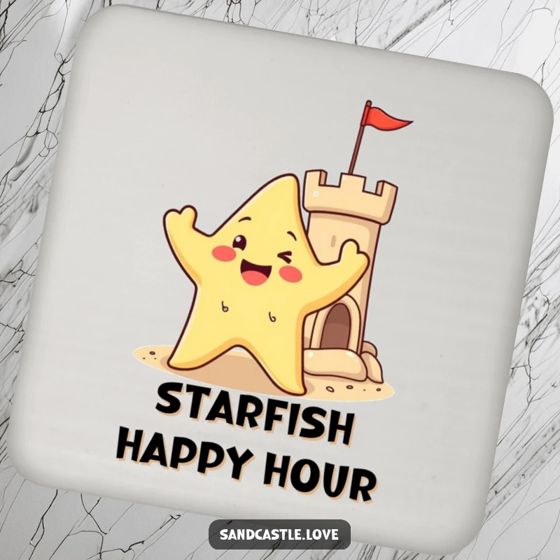 Set of drink coasters featuring a happy starfish character waving its arms near a sandy castle turret, bringing beach construction and charm.