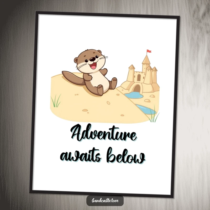 Funny poster of a joyful otter character mid-slide down a sand dune towards a sandcastle moat, capturing a moment of pure, unadulterated fun.