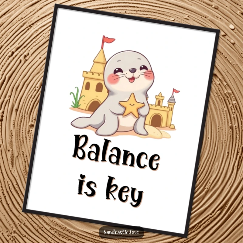 Funny poster of a playful seal character balancing a starfish on its nose near a sandcastle, celebrating a delightful and skilled beachside performance.