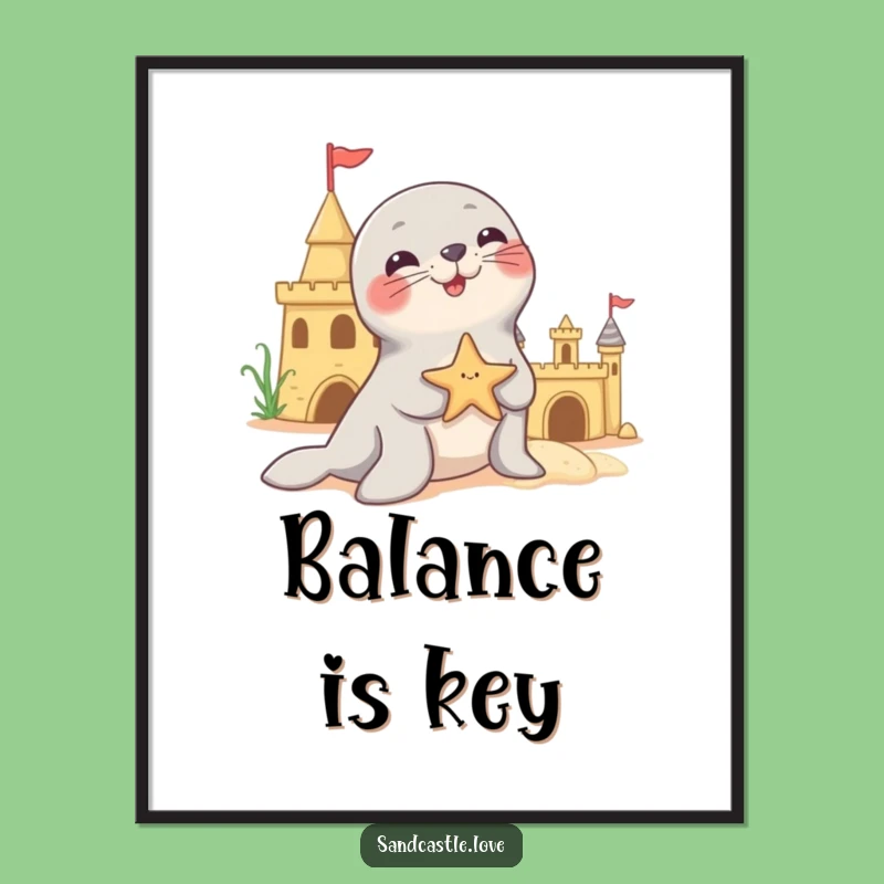 Funny Playful Seal Starfish Poster: Whimsical Beach Art for Seal Lovers Funny Gift