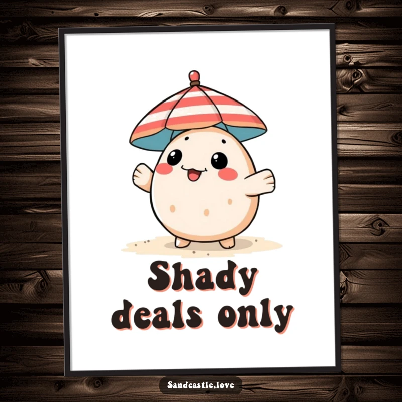 Funny pufferfish poster, a playful fish peeking from behind a striped beach umbrella, charming wall art.