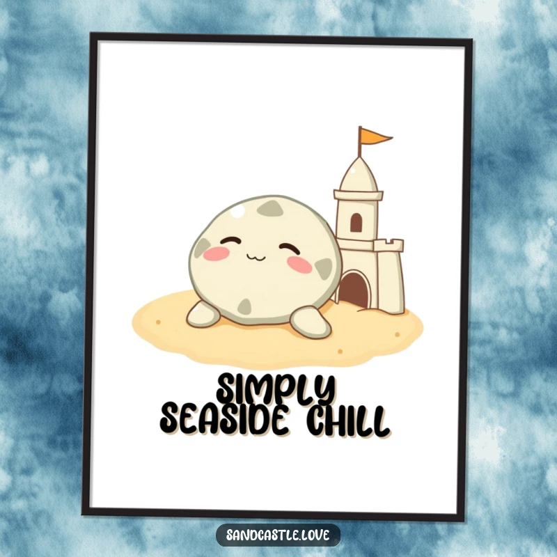 Funny sand dollar poster, a contented character resting on warm sand beside a sandcastle, calming wall art.