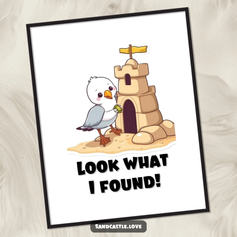 Funny seagull poster, a mischievous bird stealing a shiny object from a sandcastle, humorous wall art.