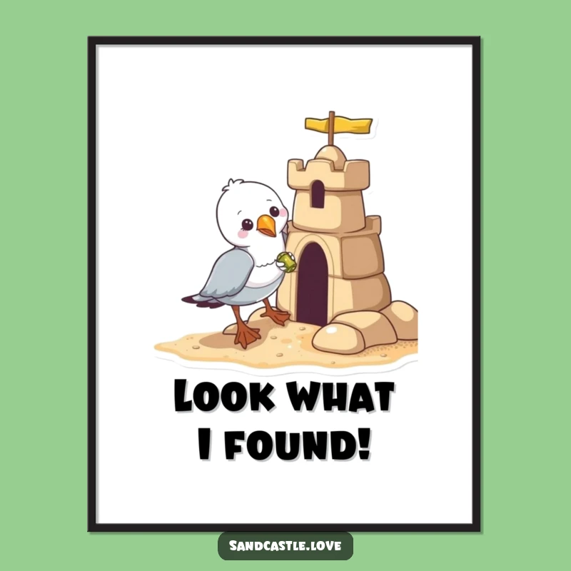 Funny Seagull Art Print: Mischievous Beach Bandit Steals Sandcastle Shiny, Wall Decor Gift