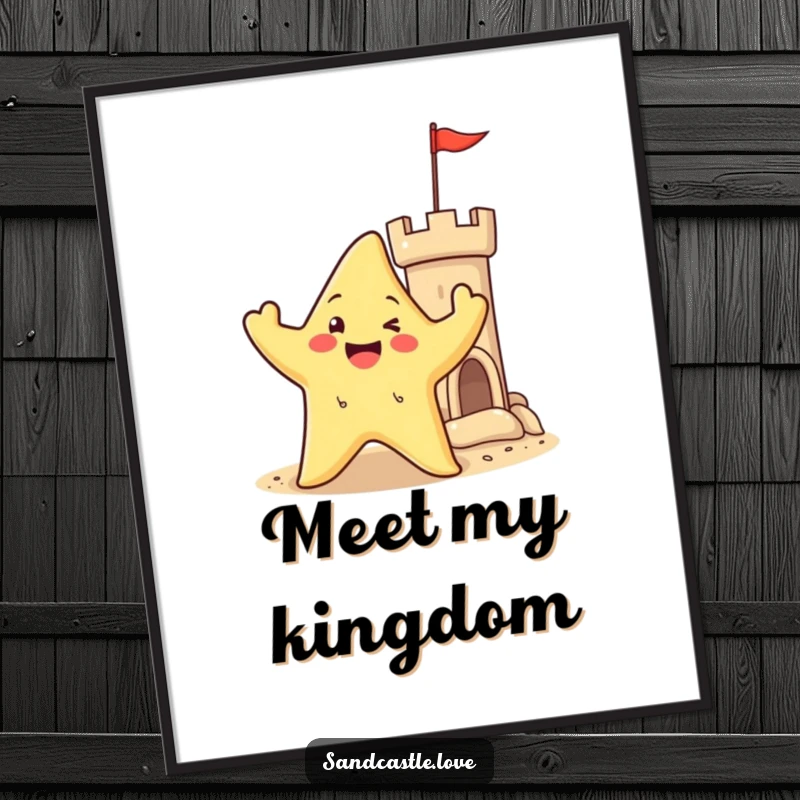Poster displaying a happy starfish character waving its arms near a sandy castle turret, capturing the essence of beach fun and ocean celebration.