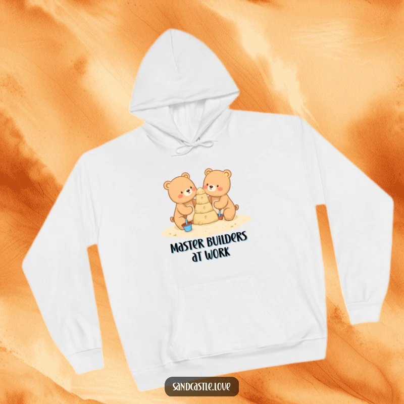 Funny hoodie depicting two endearing bears diligently building a grand sandcastle with miniature shovels, highlighting their focused and fun beach activity.