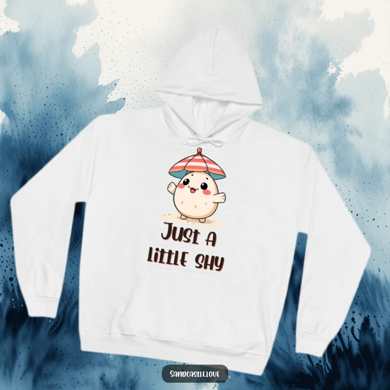 Funny pufferfish hoodie, a playful fish peeking from behind a striped beach umbrella, comfortable humorous apparel.
