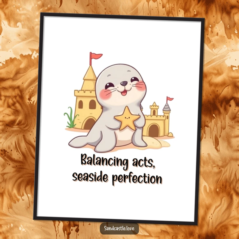 Funny Free Printable Wall Art: A playful seal humorously balancing a starfish on its nose by a sandcastle.