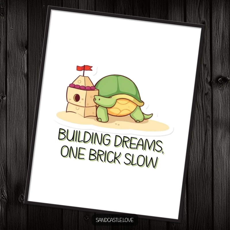 Cute Free Printable Wall Art: A determined turtle character slowly pushes a decorated sandcastle brick, adding charm and patience to any room.