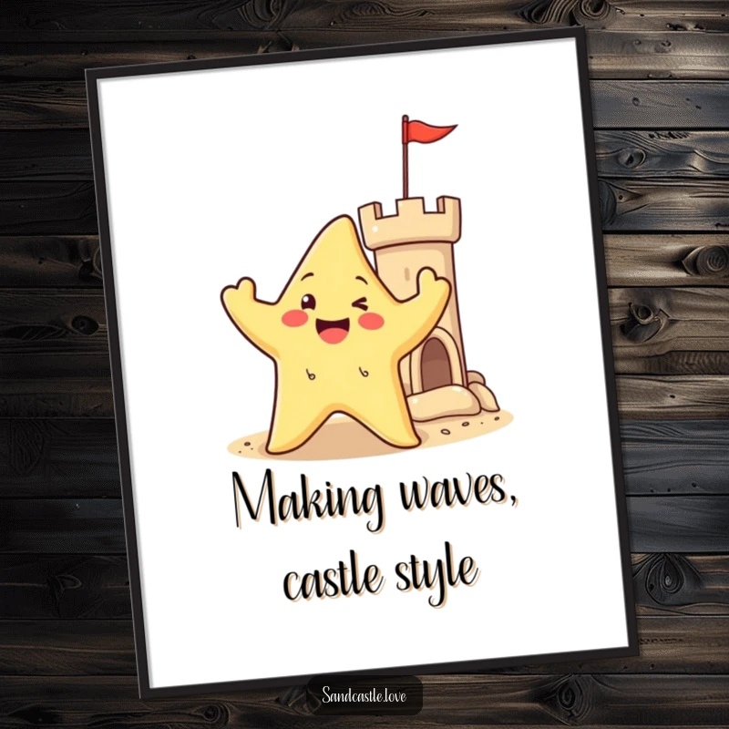 Happy Free Printable Wall Art: A cheerful starfish character waves its arms near a sandy castle turret, embodying beachy fun and joy.