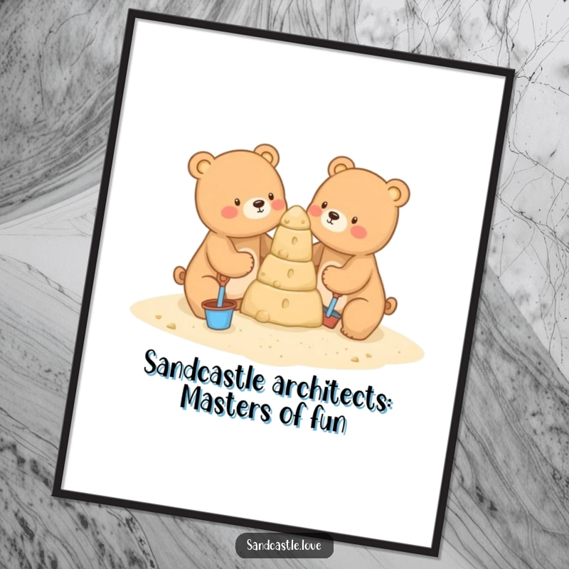 Funny Free Printable Wall Art: Two adorable bears humorously building a spectacular sandcastle together.