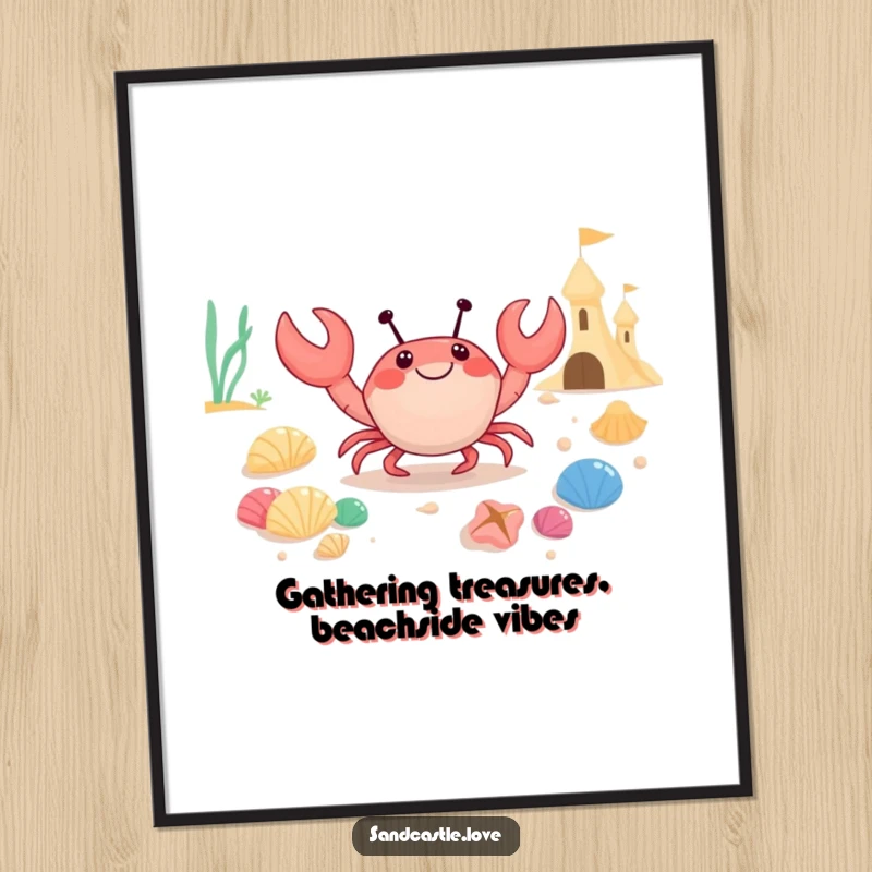 Funny Free Printable Wall Art: A happy crab humorously carrying a pile of colorful seashells.