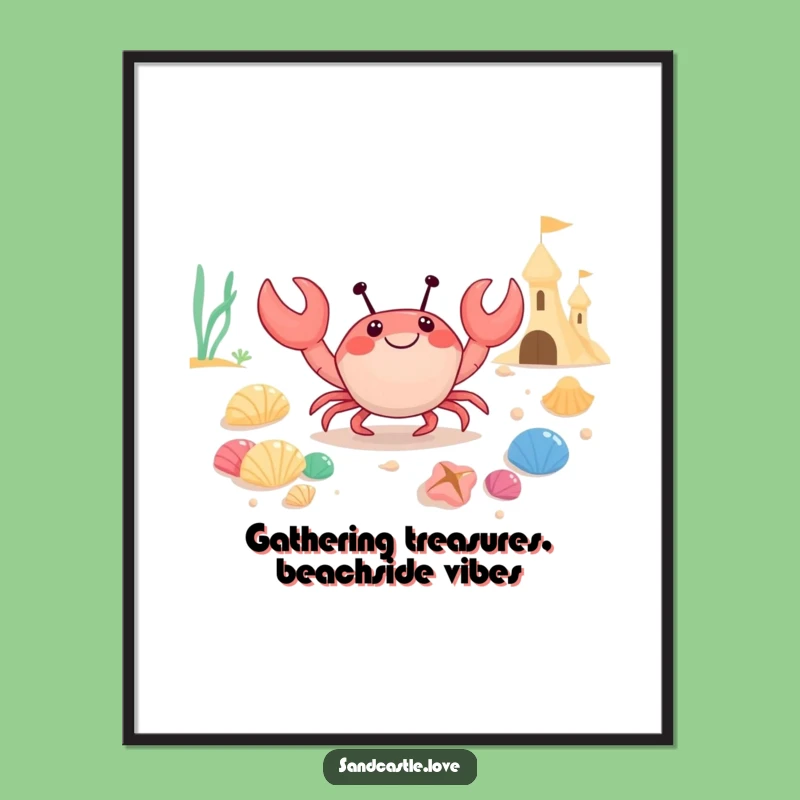 Funny Free Printable Wall Art: Happy Crab Seashell Collector Downloadable Decor