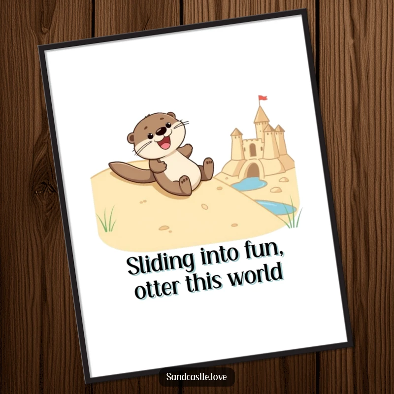 Funny Free Printable Wall Art: A joyful otter humorously slides down a sandy hill into a moat.