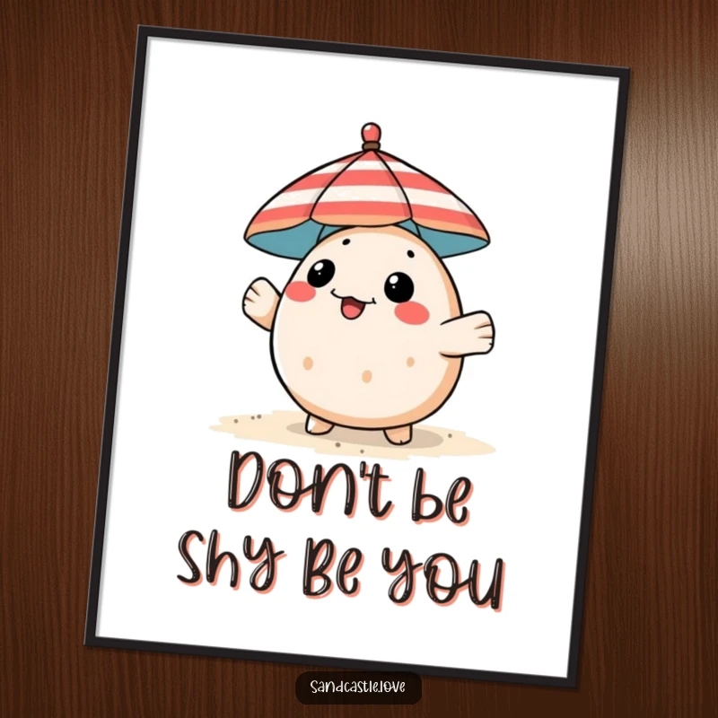 Funny Free Printable Wall Art: A playful pufferfish peeking from behind a small, striped beach umbrella.