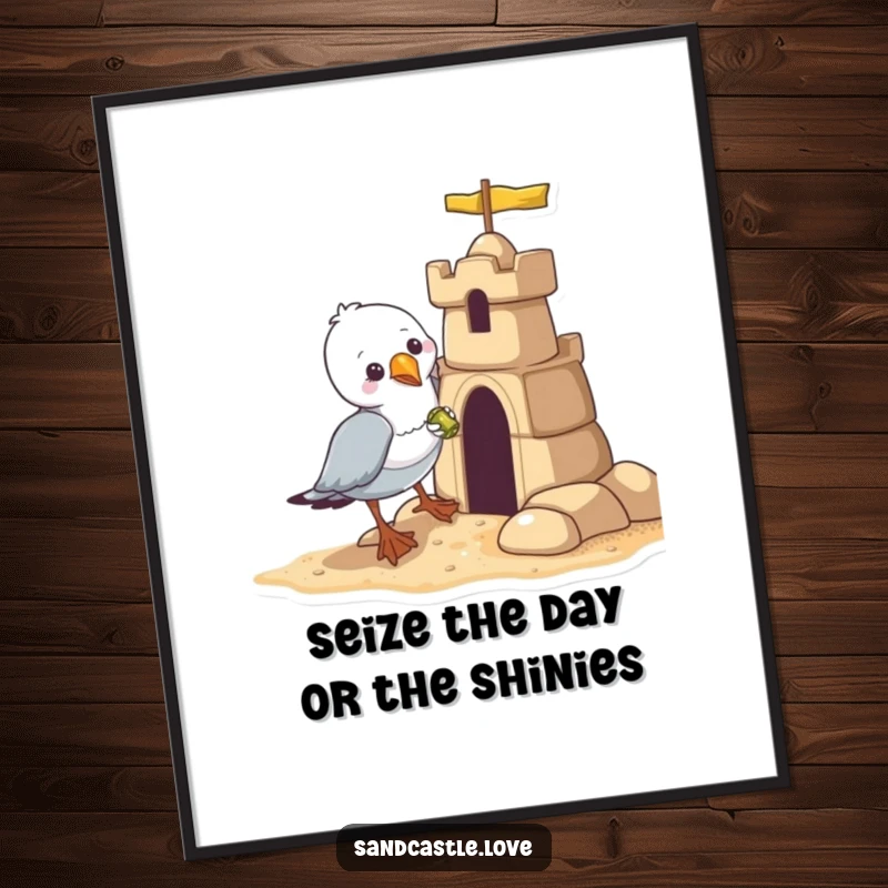 Funny Free Printable Wall Art: Mischievous seagull attempting to steal a shiny object from a sandcastle.