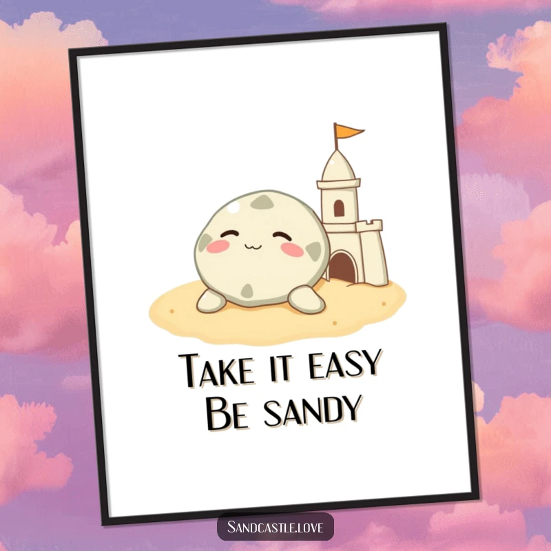 Funny Free Printable Wall Art: A contented sand dollar character resting on warm sand beside a sandcastle.
