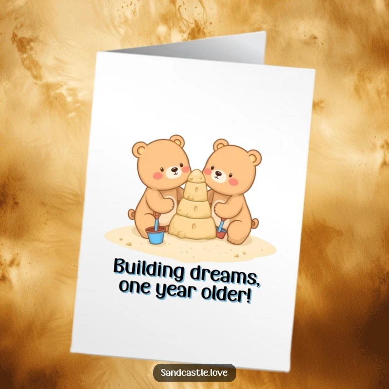 Funny Free Printable Birthday Card: Two cute bears humorously build a giant sandcastle with tiny tools.