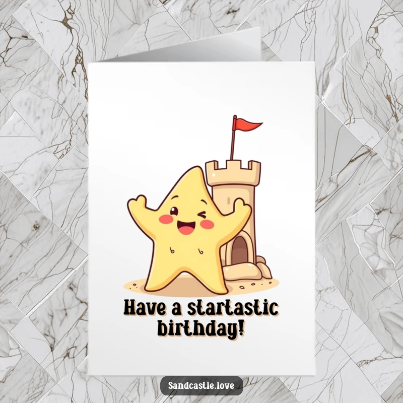 Happy Free Printable Birthday Card: A smiling starfish character waves enthusiastically near a sandy castle turret, ready for a beach birthday bash.