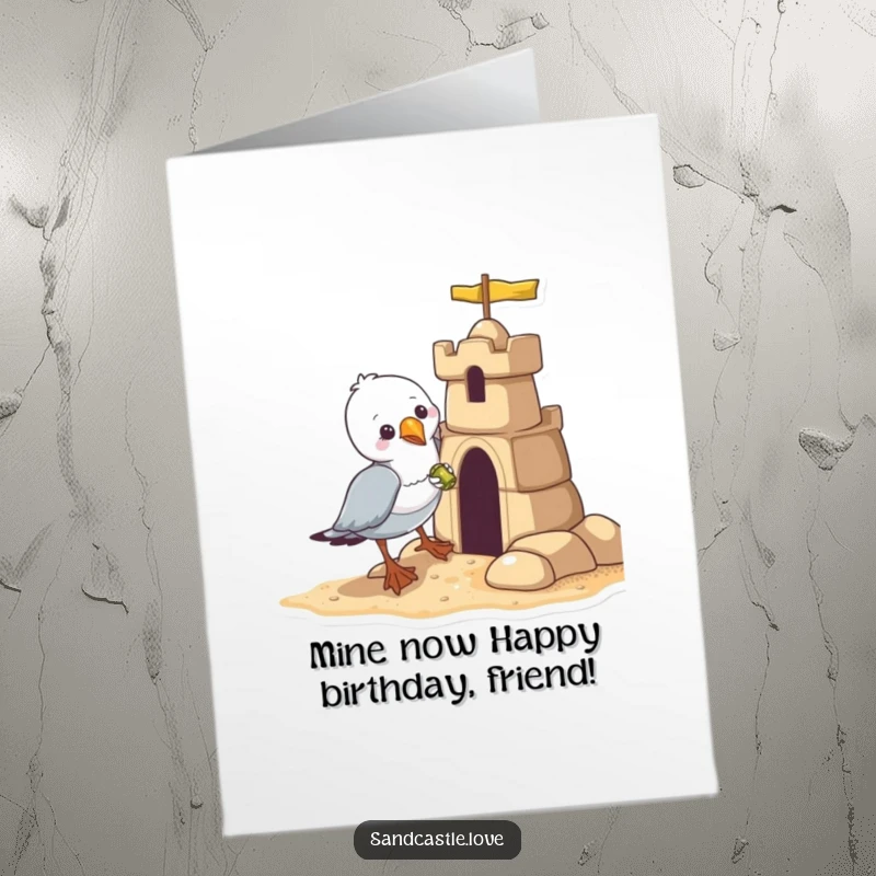 Funny Free Printable Birthday Card: A mischievous seagull boldly snatches a shiny treasure from a sandcastle.