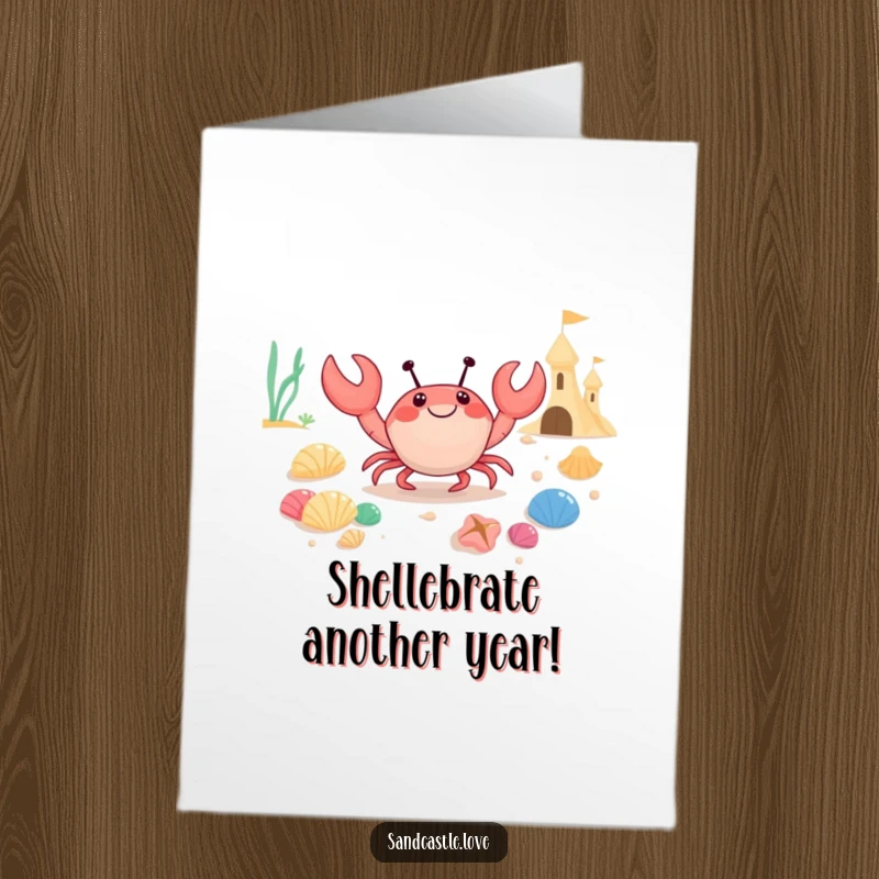 Funny Free Printable Birthday Card: A happy crab humorously carries a pile of colorful seashells.