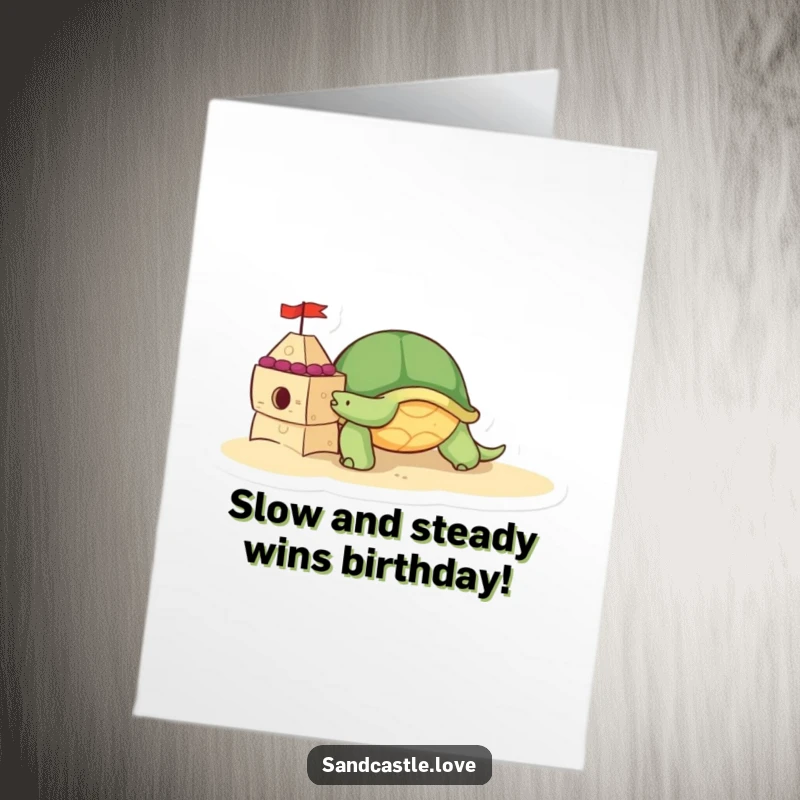Cute Free Printable Birthday Card: A smiling turtle character slowly pushes a decorated sandcastle brick, embodying patient birthday wishes.