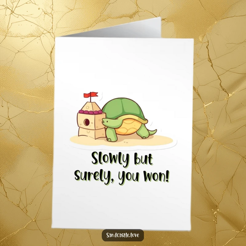 Cute Free Printable Congratulations Card: A determined turtle character nudges a decorated sandcastle brick, symbolizing steady progress and achievement.