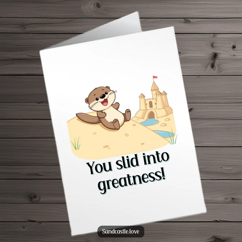 Funny Free Printable Congratulations Card: A joyful otter humorously dives into a sandcastle moat.
