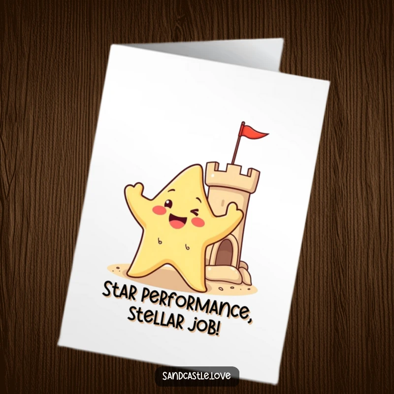 Happy Free Printable Congratulations Card: A cheerful starfish character waves its arms near a sandy castle turret, celebrating a big win.
