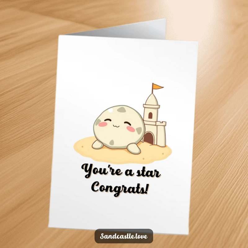 Funny Free Printable Congratulations Card: A happy sand dollar rests contentedly beside a sandcastle on a warm beach.