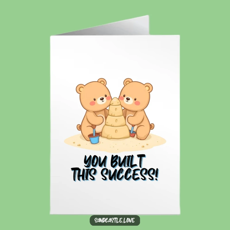 Free Printable Congrats Card: Funny Bear Sandcastle Teamwork Downloadable Gift