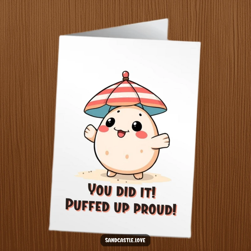 Funny Free Printable Congratulations Card: A pufferfish with curious eyes peeks from behind a beach umbrella.