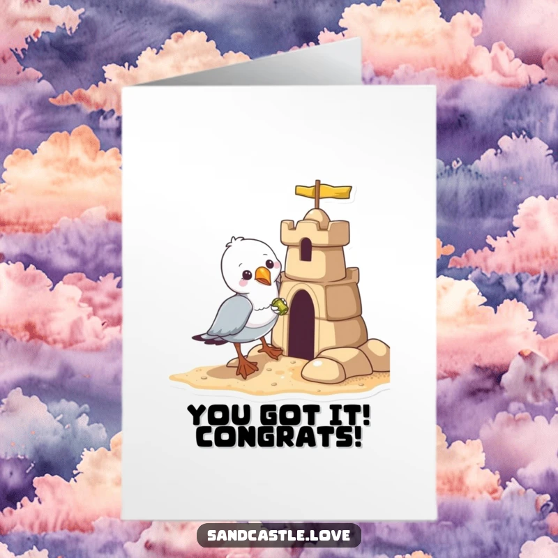Funny Free Printable Congratulations Card: Seagull with a glint in its eye plots to steal a shiny from a sandcastle.