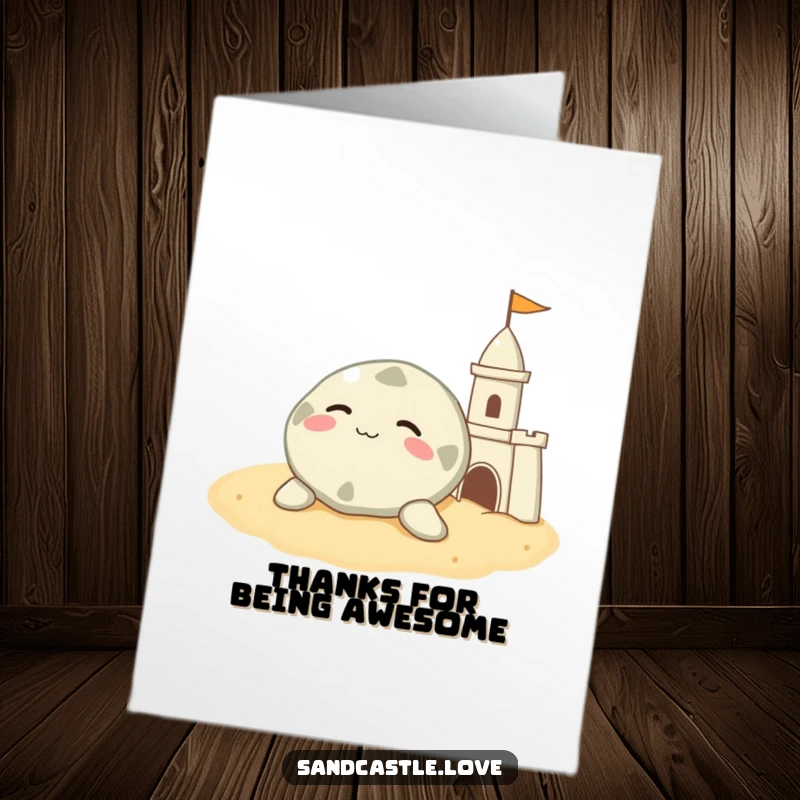 Funny Free Printable Thank You Card: A contented sand dollar character resting on warm sand next to a sandcastle.