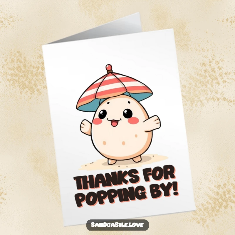 Funny Free Printable Thank You Card: A playful pufferfish peeks out from behind a striped beach umbrella, conveying thanks.