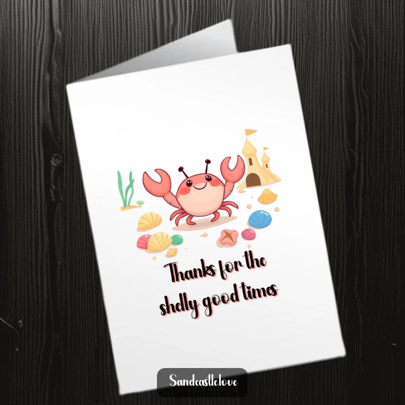 Funny Free Printable Thank You Card: A happy crab humorously delivers a collection of beautiful seashells.