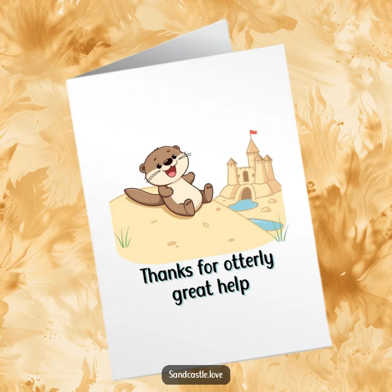Funny Free Printable Thank You Card: A joyful otter humorously slides towards a sandcastle moat.