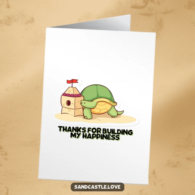 Cute Free Printable Thank You Card: A friendly turtle character pushes a decorated sandcastle brick, offering a slow, sweet thank you.