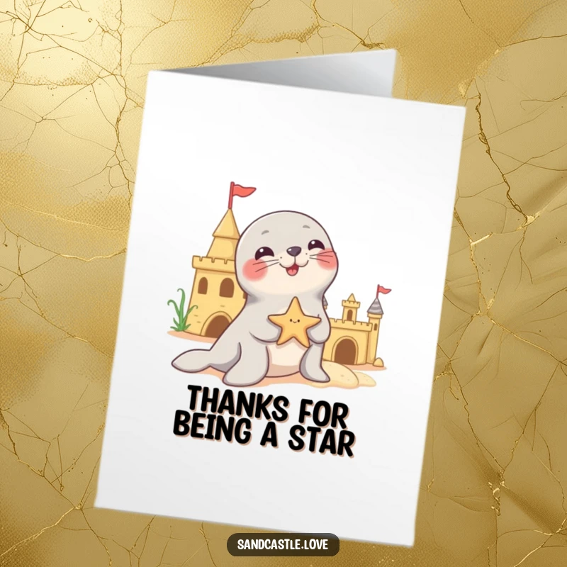 Funny Free Printable Thank You Card: A playful seal humorously balances a starfish near a sandcastle.
