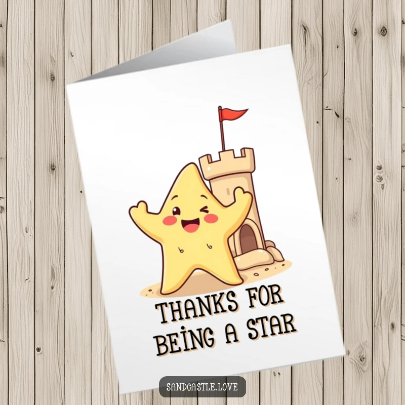 Happy Free Printable Thank You Card: A smiling starfish character waves near a sandy castle turret, sending a cheerful thank you.