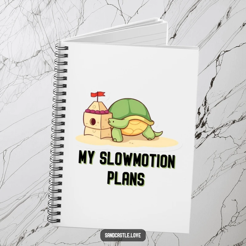 Notebook cover featuring a cute turtle character slowly pushing a decorated sandcastle brick, symbolizing patient progress and beachside fun.