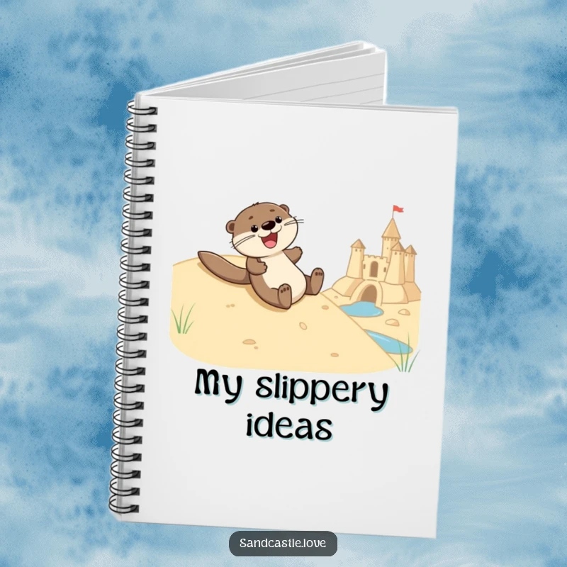 Funny notebook cover with a joyful otter character sliding down a sandy hill towards a sandcastle moat, symbolizing fun and organized notes.