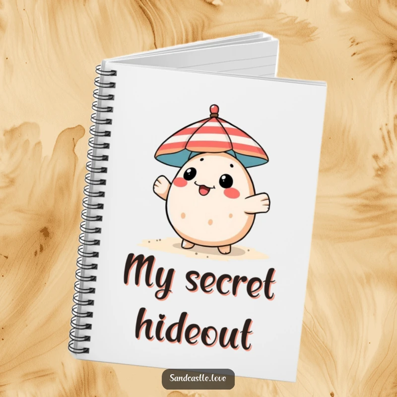 Funny pufferfish notebook, a playful fish peeking from behind a striped beach umbrella, humorous stationery.