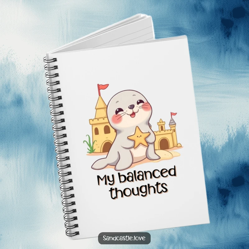 Funny notebook cover with a playful seal character balancing a starfish on its nose near a sandcastle, symbolizing talent and organized notes.