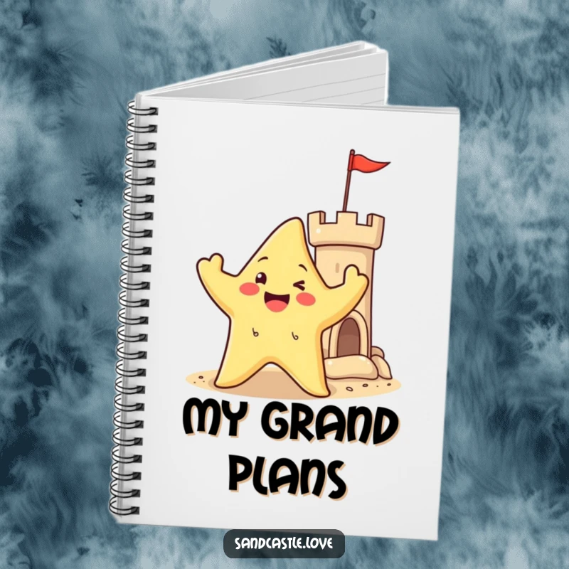 Notebook cover featuring a happy starfish character waving its arms near a sandy castle turret, symbolizing beach fun and ocean greetings.