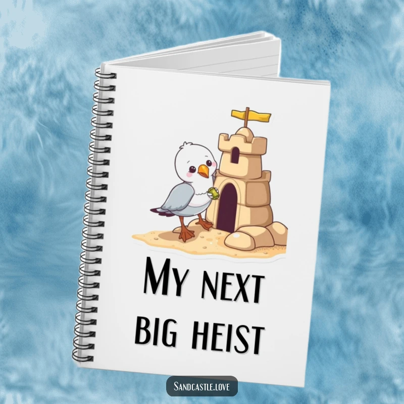 Funny seagull notebook, a mischievous seagull stealing a shiny object from a sandcastle, humorous stationery.