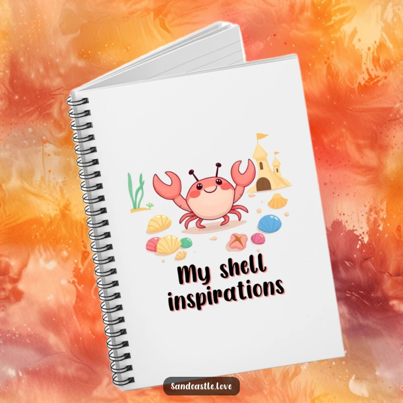 Funny notebook cover with a happy crab character carrying colorful seashells towards a sandcastle, symbolizing creativity and organized beach-themed notes.