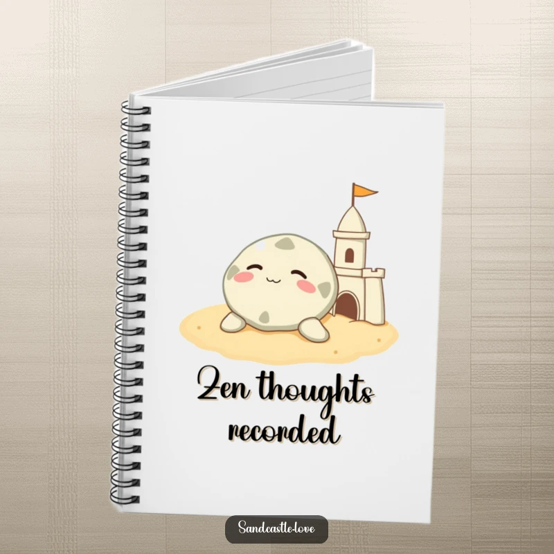 Funny sand dollar notebook, a contented character resting on warm sand beside a sandcastle, humorous stationery.